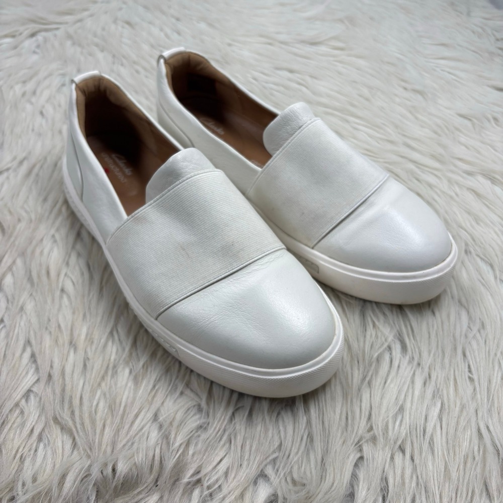 Clarks Women's 7 White Leather Unstructured Slip on Sneakers Casual Comfort